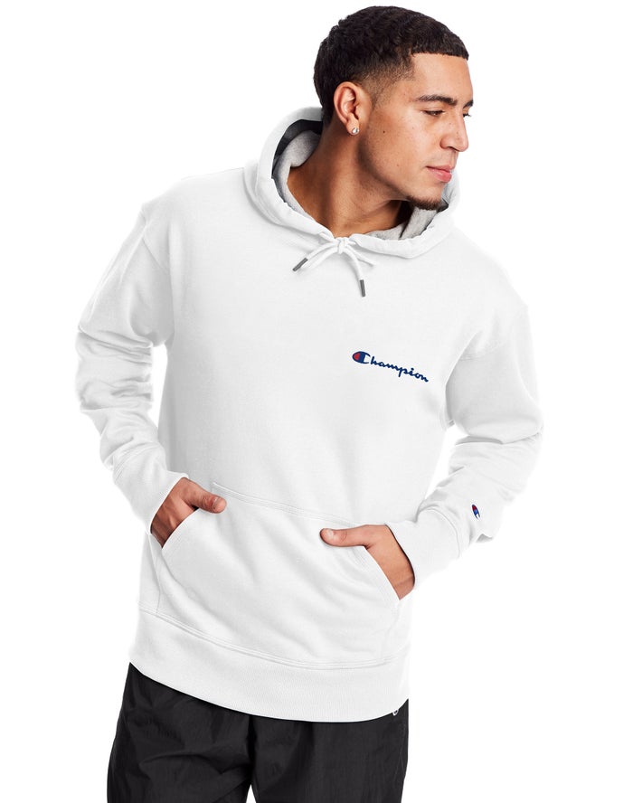 Champion Mens Hoodie NZ - Powerblend Fleece Script Logo White ( 4608-GRVXY )